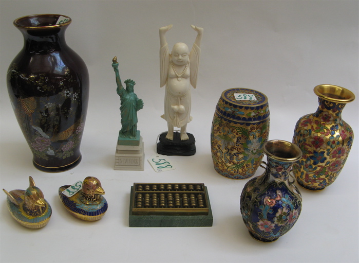 Appraisal: ASIAN DECORATIVE AND DESK ACCESSORIES pieces including cloisonne openwork vases