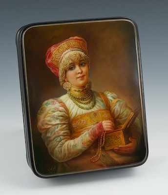 Appraisal: A Large Russian Fedoskino Boyaryshnya Lacquer Box Rectangular shape with