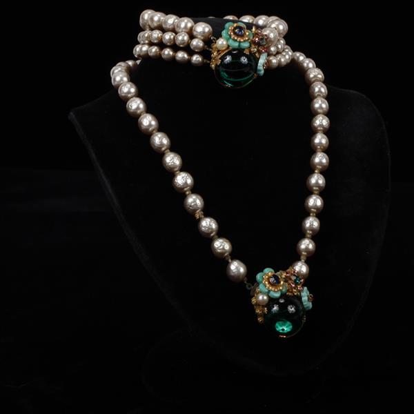 Appraisal: Miriam Haskell pc Faux Pearl with Floral Green Glass Rhinestone