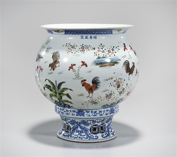 Appraisal: Chinese blue and white and enameled porcelain jardiniere with roosters