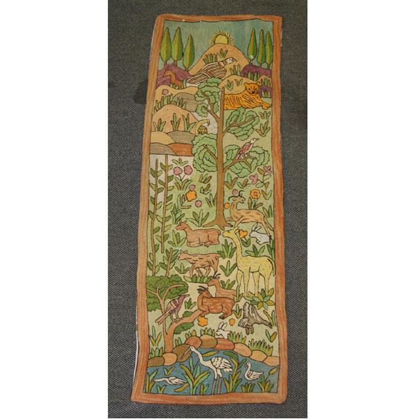 Appraisal: Hand woven tapestry rug various animals interspersed throughout exotic tropical