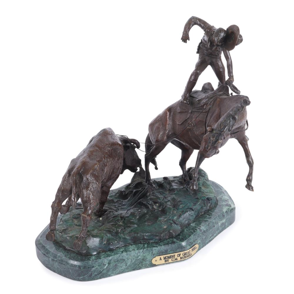 Appraisal: BRONZE WESTERN SCULPTURE AFTER C M RUSSELL'S A MOMENT OF