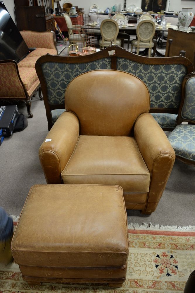 Appraisal: William Allen light brown leather armchair and ottoman ht wd