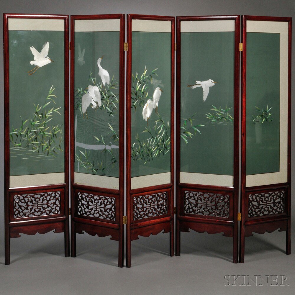 Appraisal: Partial Folding Screen China a continuous embroidery of herons in