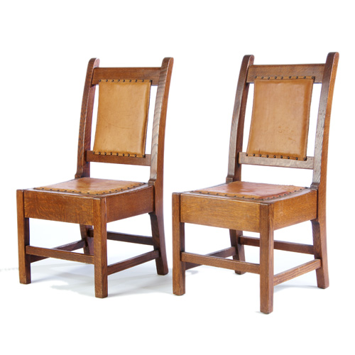 Appraisal: ROYCROFT Pair of sidechairs with tacked-on leather backs and seats