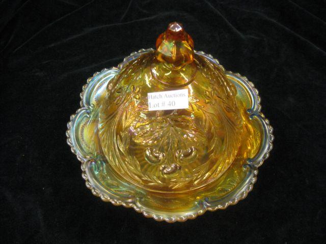 Appraisal: Dugin Carnival Glass Butter Dish marigold cherry decor excellent