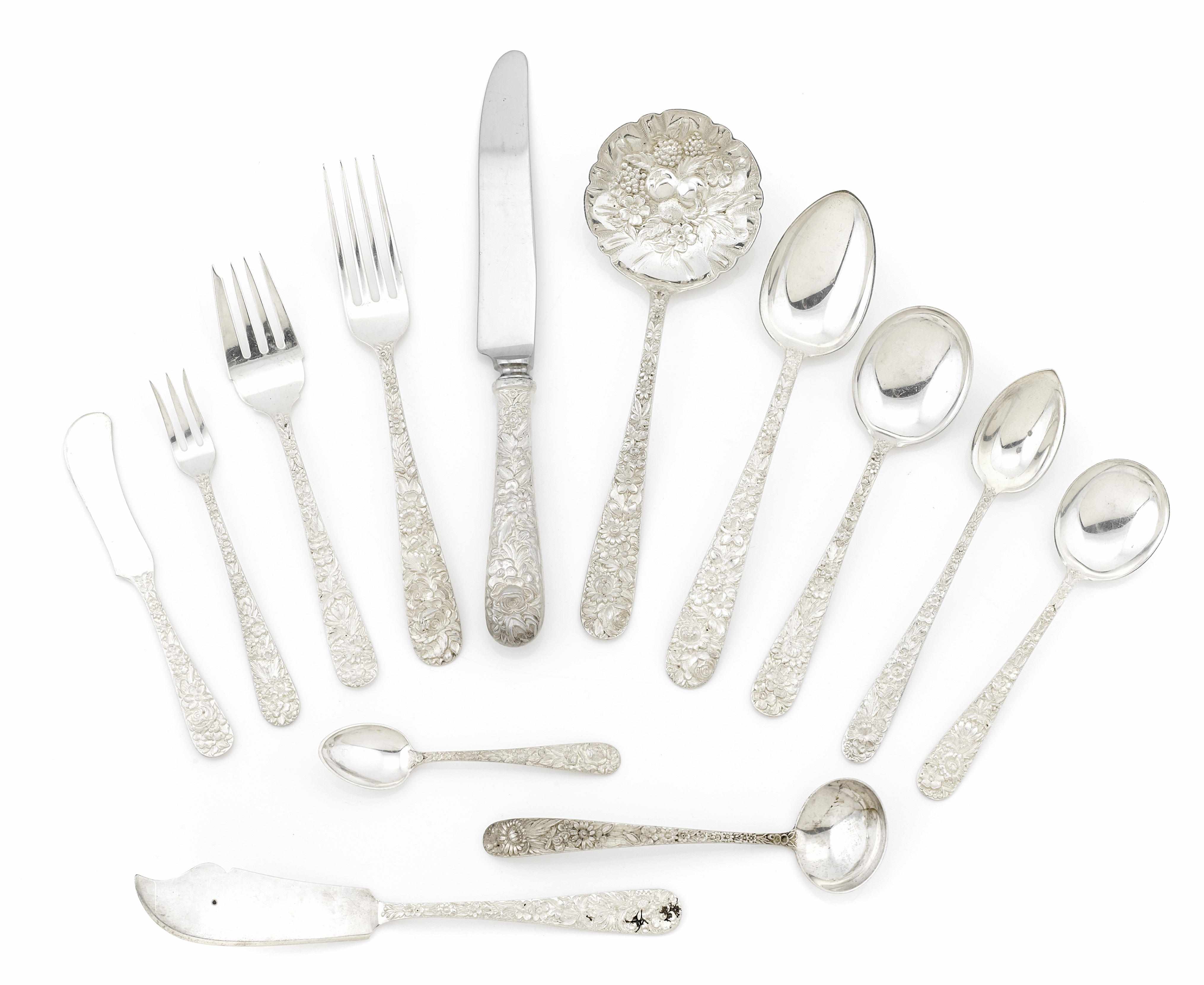 Appraisal: An American sterling silver floral repouss part flatware service for