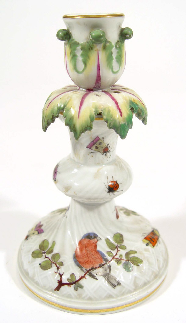 Appraisal: Continental porcelain candlestick hand painted with birds and insects amongst