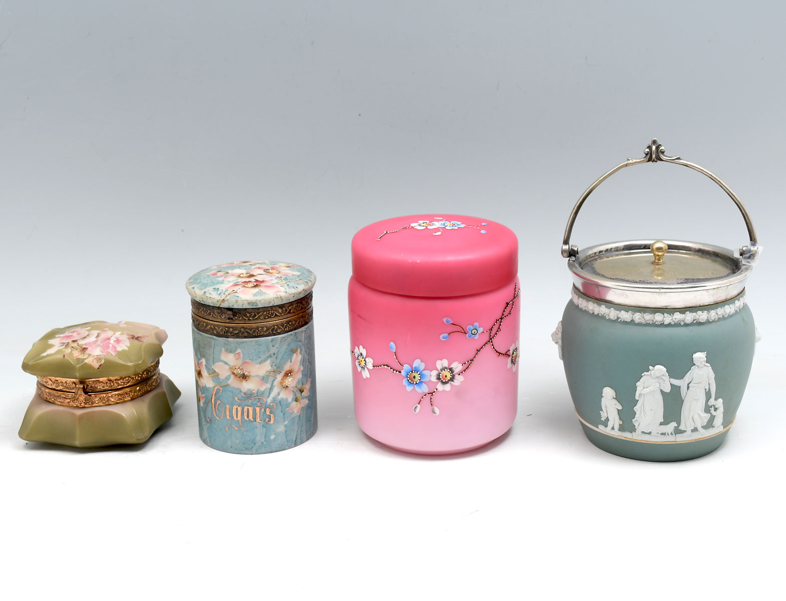 Appraisal: PC DRESSER BISCUIT JARS Comprising - Painted glass Cigar jar