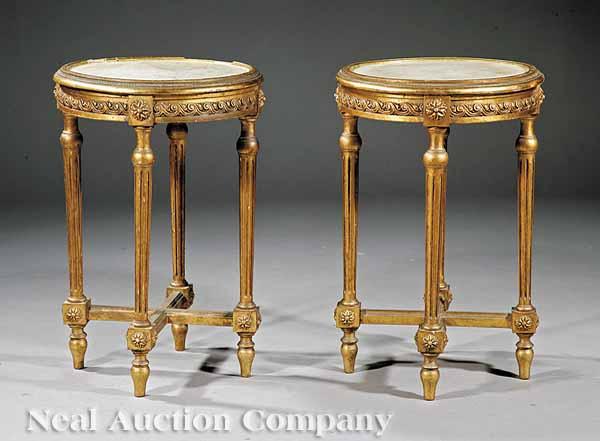 Appraisal: A Pair of Small Louis XVI-Style Giltwood Gu ridons early