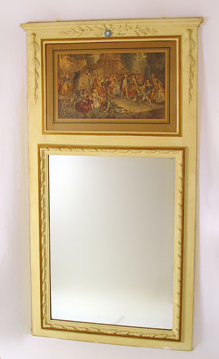 Appraisal: FRENCH CARVED WOOD TRUMEAU MIRROR Later painted finish Carved wood