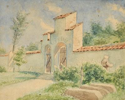 Appraisal: An Unsigned Danish Watercolor ca Gated wall with figure in