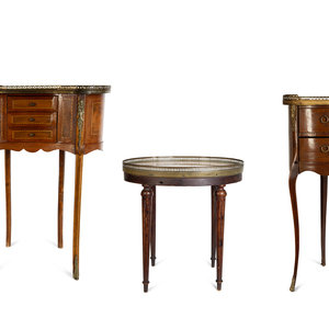 Appraisal: Three French Fruitwood Marble-Top Side Tables Late th Century Tallest