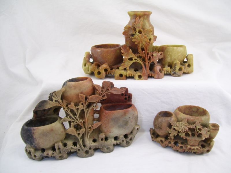 Appraisal: - Carved Soapstone Vases Includes Double low bowls and center