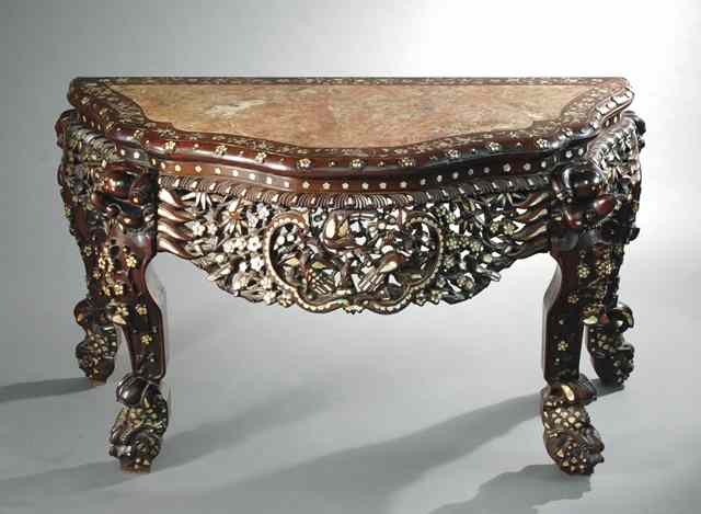 Appraisal: CARVED AND INLAID HONGMU CONSOLE TABLE Chinese early th century