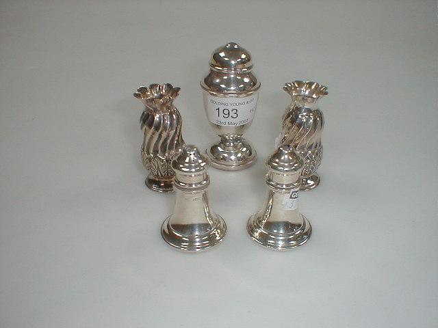 Appraisal: Silver -piece and -piece cruets and pair of small spill