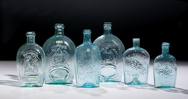 Appraisal: SIX MIDWESTERN HISTORICAL FLASKS ca - all aqua with plain