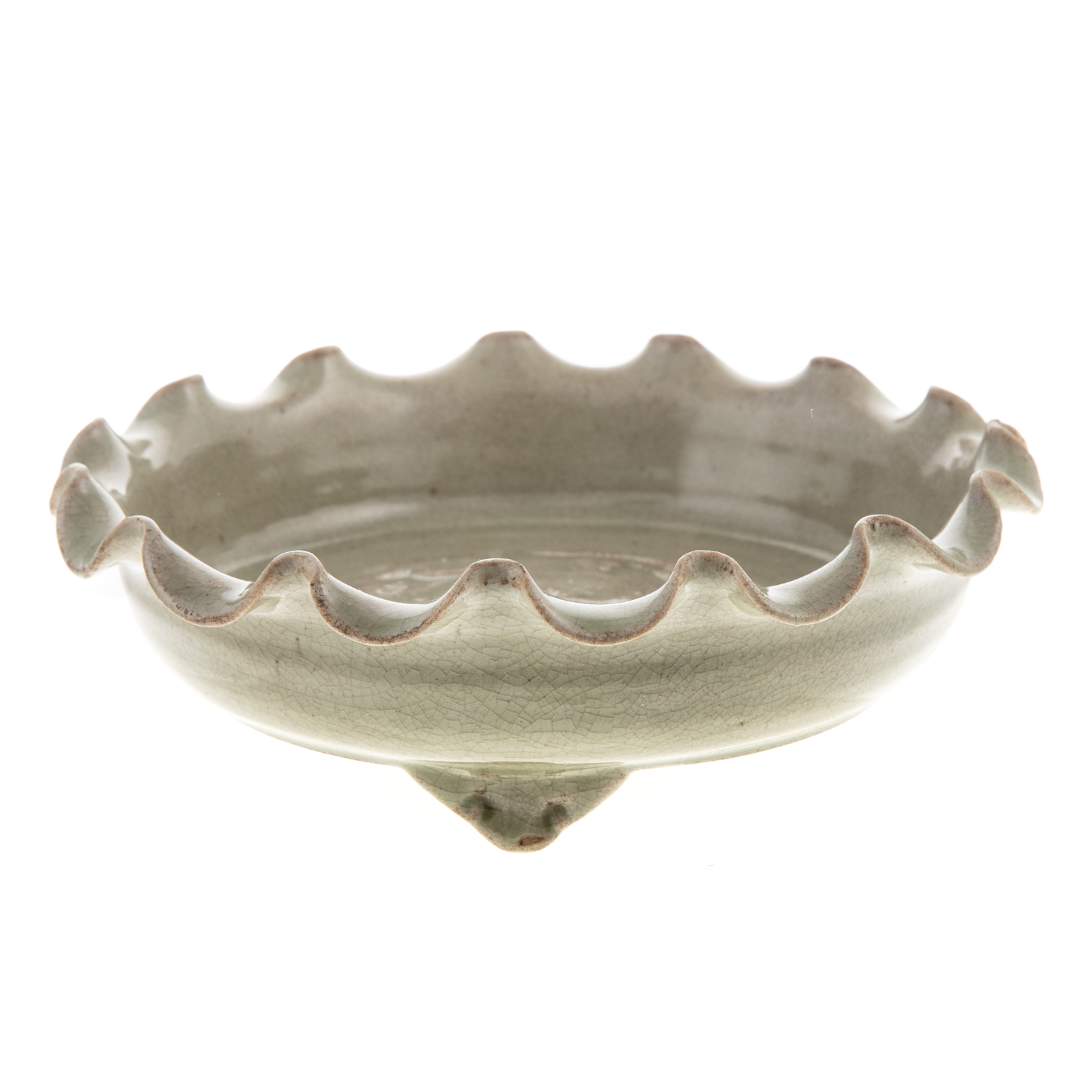 Appraisal: CHINESE ARCHAIC MANNER CELADON BOWL Having scalloped edge on tri-feet