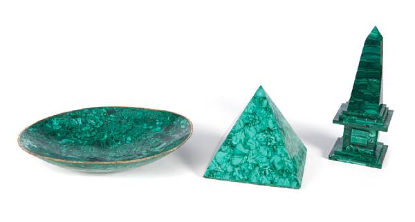 Appraisal: Three malachite table decorations comprising an obelisk bowl and a