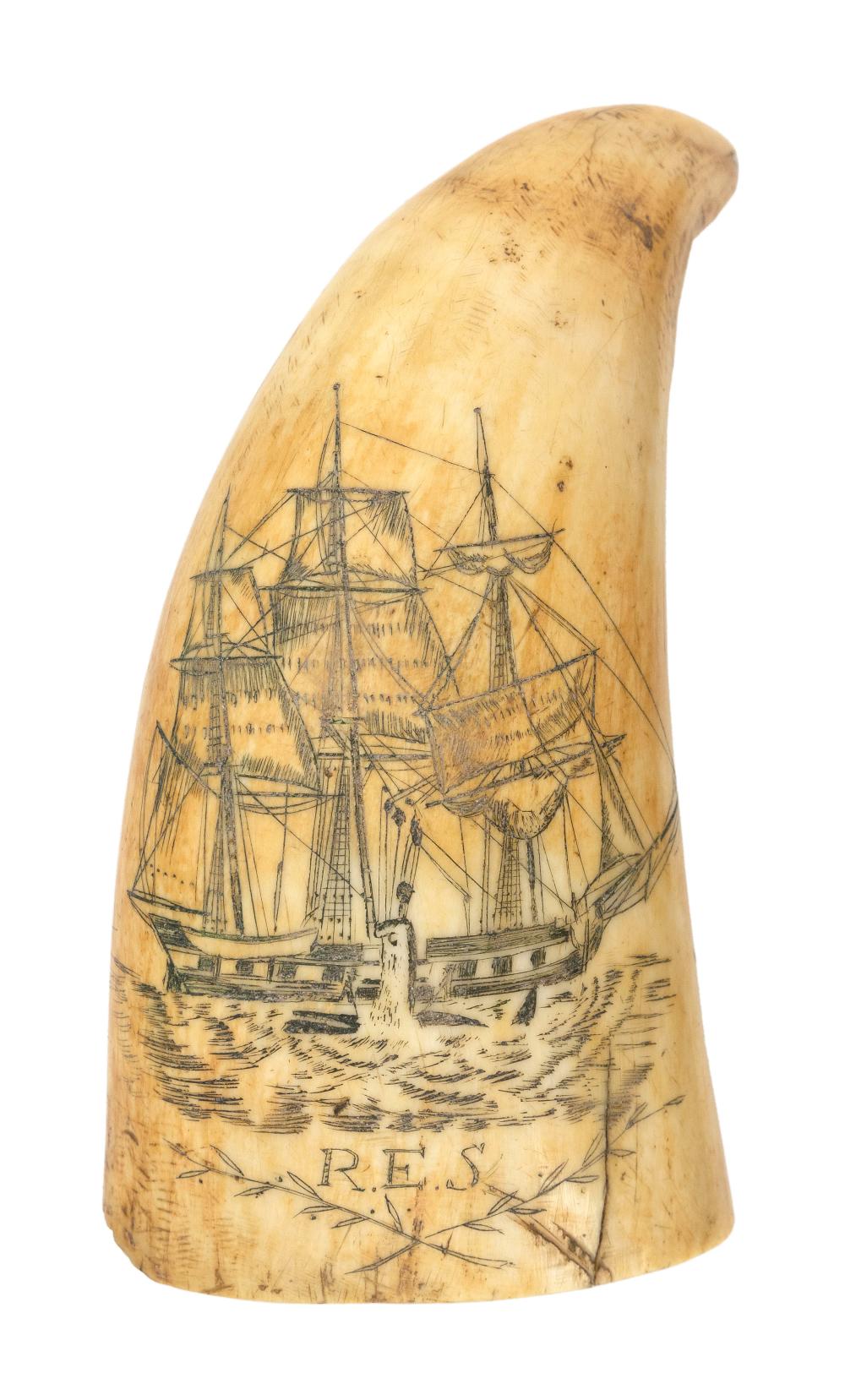 Appraisal: SCRIMSHAW WHALE'S TOOTH WITH ACTIVE WHALING SCENE MID- TH CENTURY