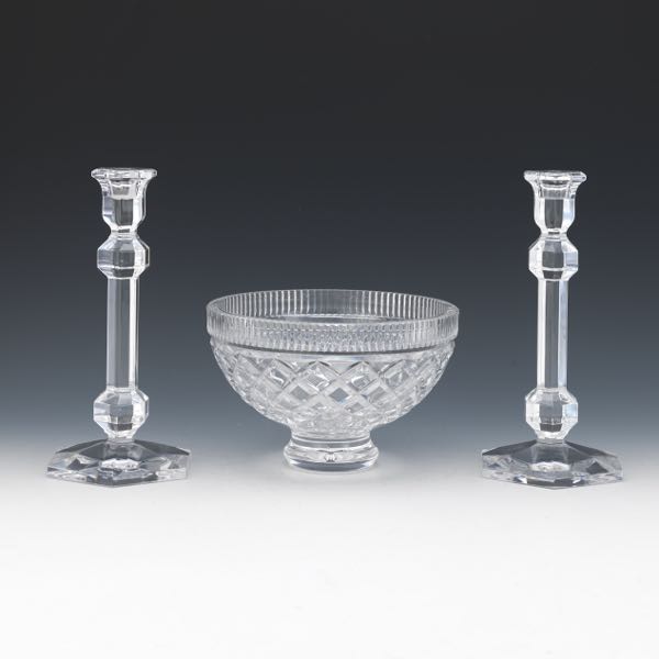 Appraisal: WATERFORD CRYSTAL BOWL AND PAIR OF VAL ST LAMBERT CANDLESTICKS