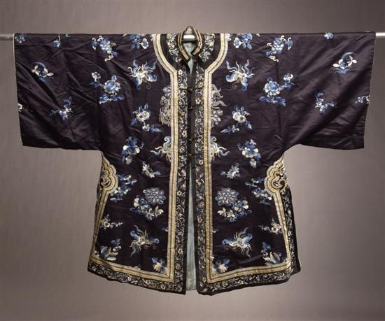 Appraisal: CHINESE DARK BLUE EMBROIDERED SILK COAT Qing dynasty Worked in