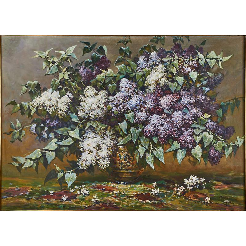 Appraisal: LARGE FRAMED FLORAL STILL LIFE Condition Report Two framing nails