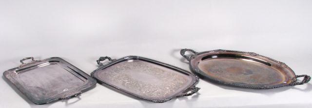 Appraisal: Group of three antique silverplate serving trays including handled oval