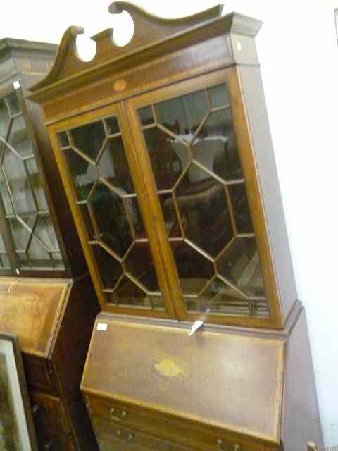 Appraisal: AN EDWARDIAN MAHOGANY SATINWOOD INLAID BUREAU BOOKCASE wide