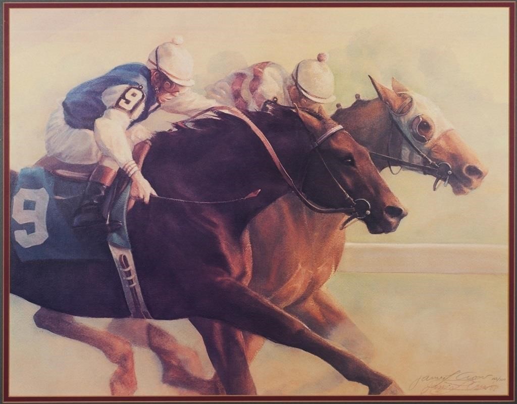 Appraisal: Singed and limited horse racing print by James Crow American