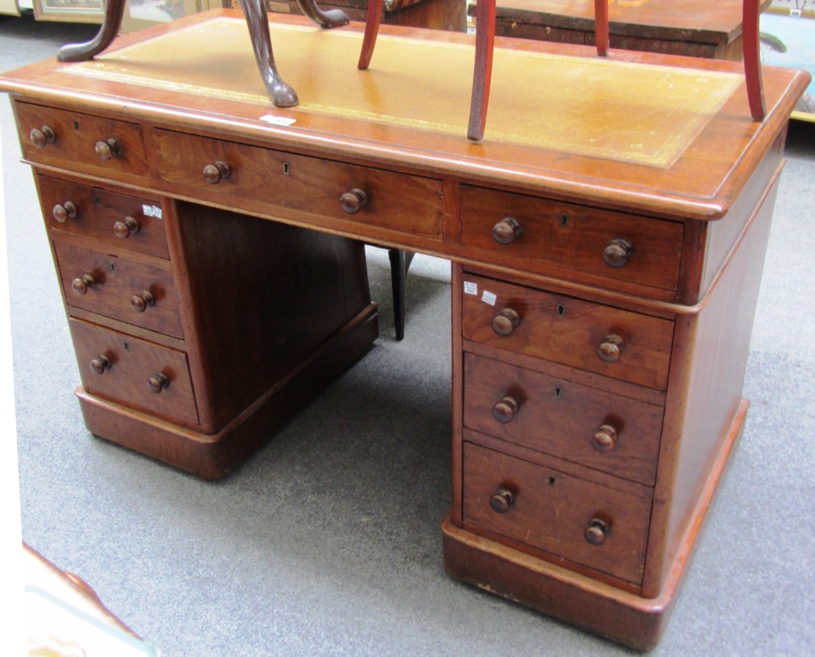 Appraisal: A th century mahogany pedestal desk with nine drawers about