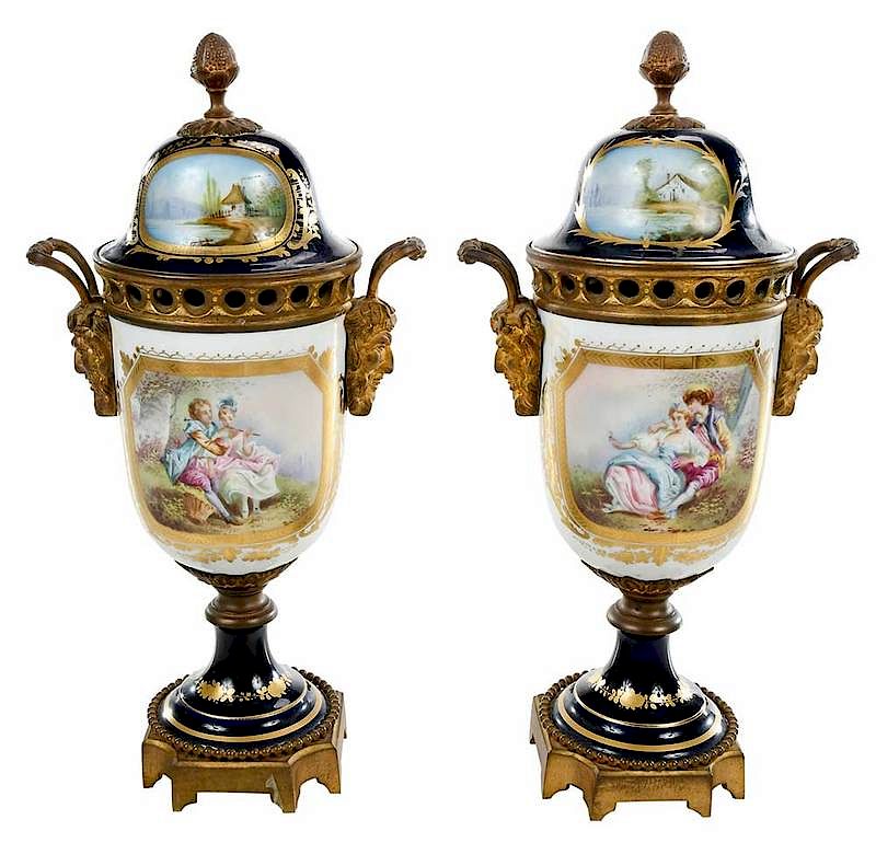 Appraisal: Near Pair of Sevres Style Lidded Urns French late th