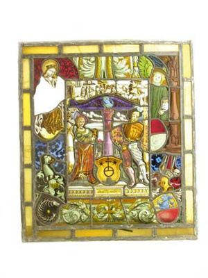 Appraisal: A stained glass window panel with a lead framework depicting