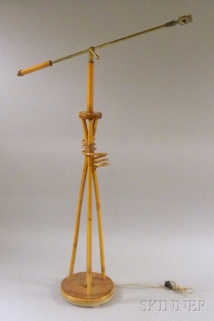 Appraisal: Mid-century Wood Brass and Rattan Swing-arm Floor Lamp