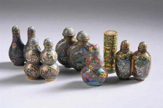 Appraisal: FOUR CHINESE CLOISONN ENAMEL DOUBLE SNUFF BOTTLES Floral and riverscape