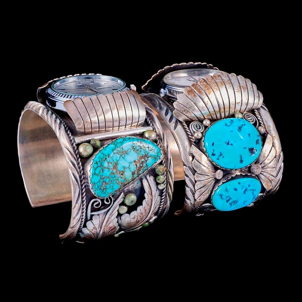 Appraisal: NAVAJO WATCH CUFF BRACELETS Two old pawn turquoise and silver