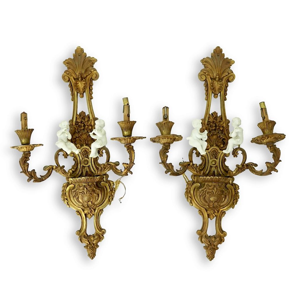 Appraisal: Pair Bronze Light Sconces With Bisque Figures Pair of Early