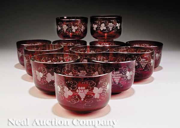 Appraisal: A Set of Twelve Bohemian Etched Ruby Glass Finger Bowls