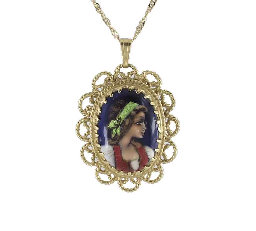 Appraisal: GOLD ENAMELED PORTRAIT PENDANT K yellow gold pendant contains one