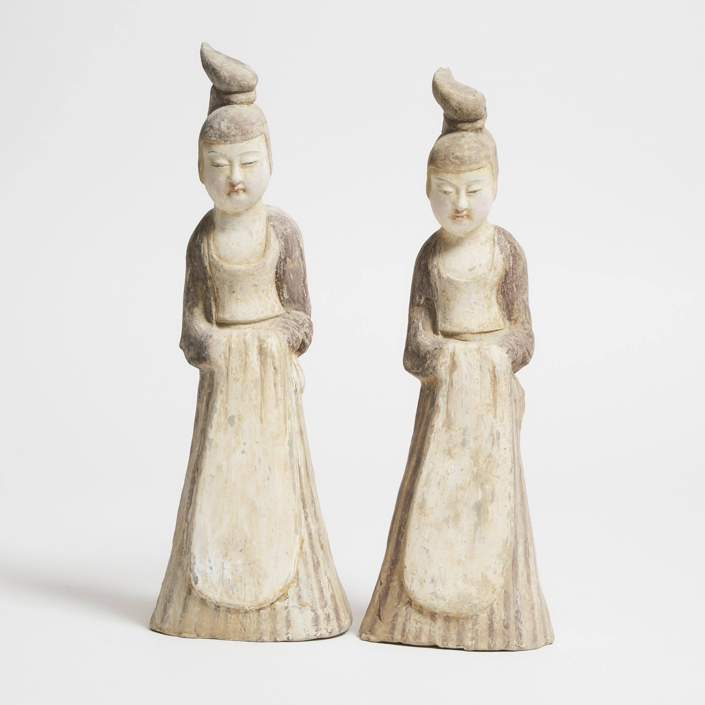 Appraisal: A Pair of Painted Pottery Ladies Tang Dynasty AD -