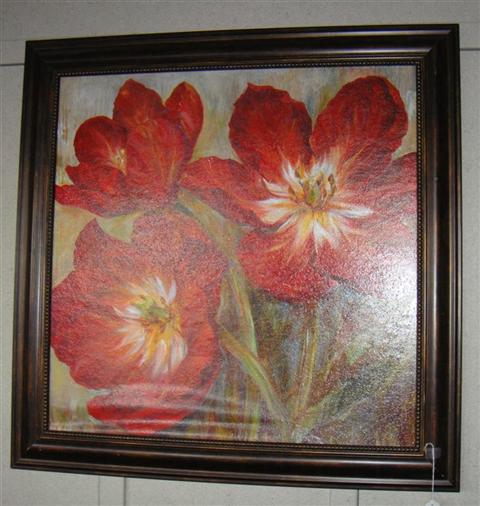 Appraisal: RED TULIPS Oil on canvas x in sight Framed Provenance