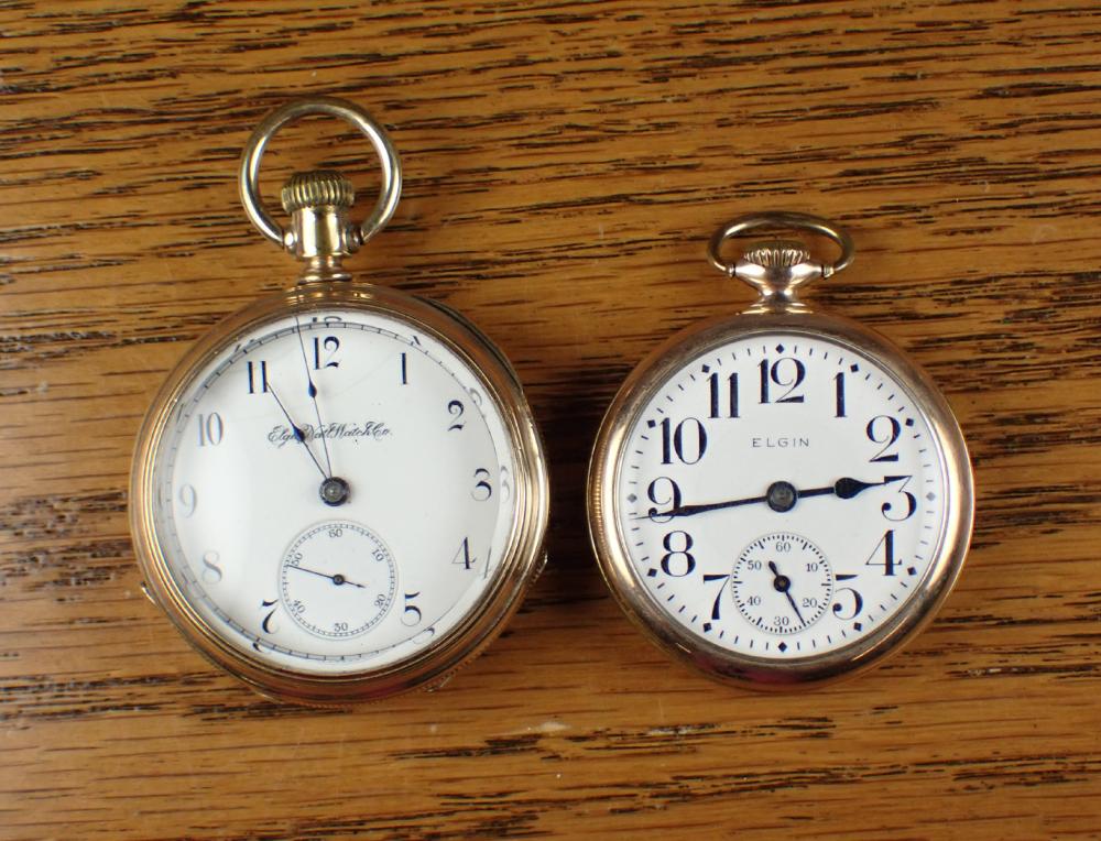 Appraisal: TWO ELGIN OPEN FACE POCKET WATCHES model Father Time jewel