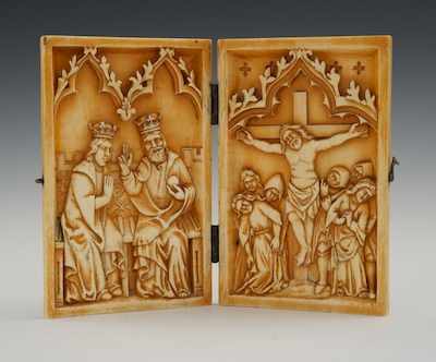 Appraisal: Carved Ivory Diptych Continental th Century Small religious object intended