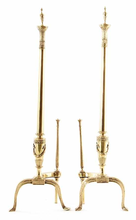 Appraisal: Pair Classical style brass andirons leaf and garland design H