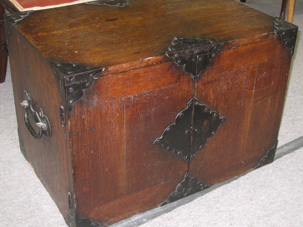 Appraisal: th century ironbound and inverted oak strong box the double