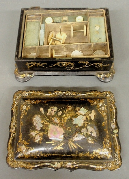 Appraisal: - Victorian lacquerware sewing box with mother-of-pearl inlays and fitted