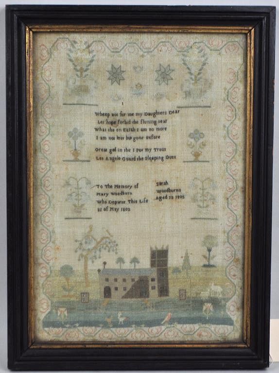 Appraisal: Framed Memento Mori Girls' Sampler by Sarah Woodburns not examined