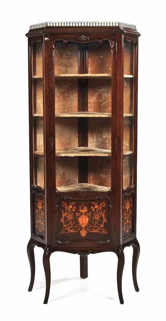 Appraisal: A Victorian Marquetry Corner Vitrine the galleried cornice over the