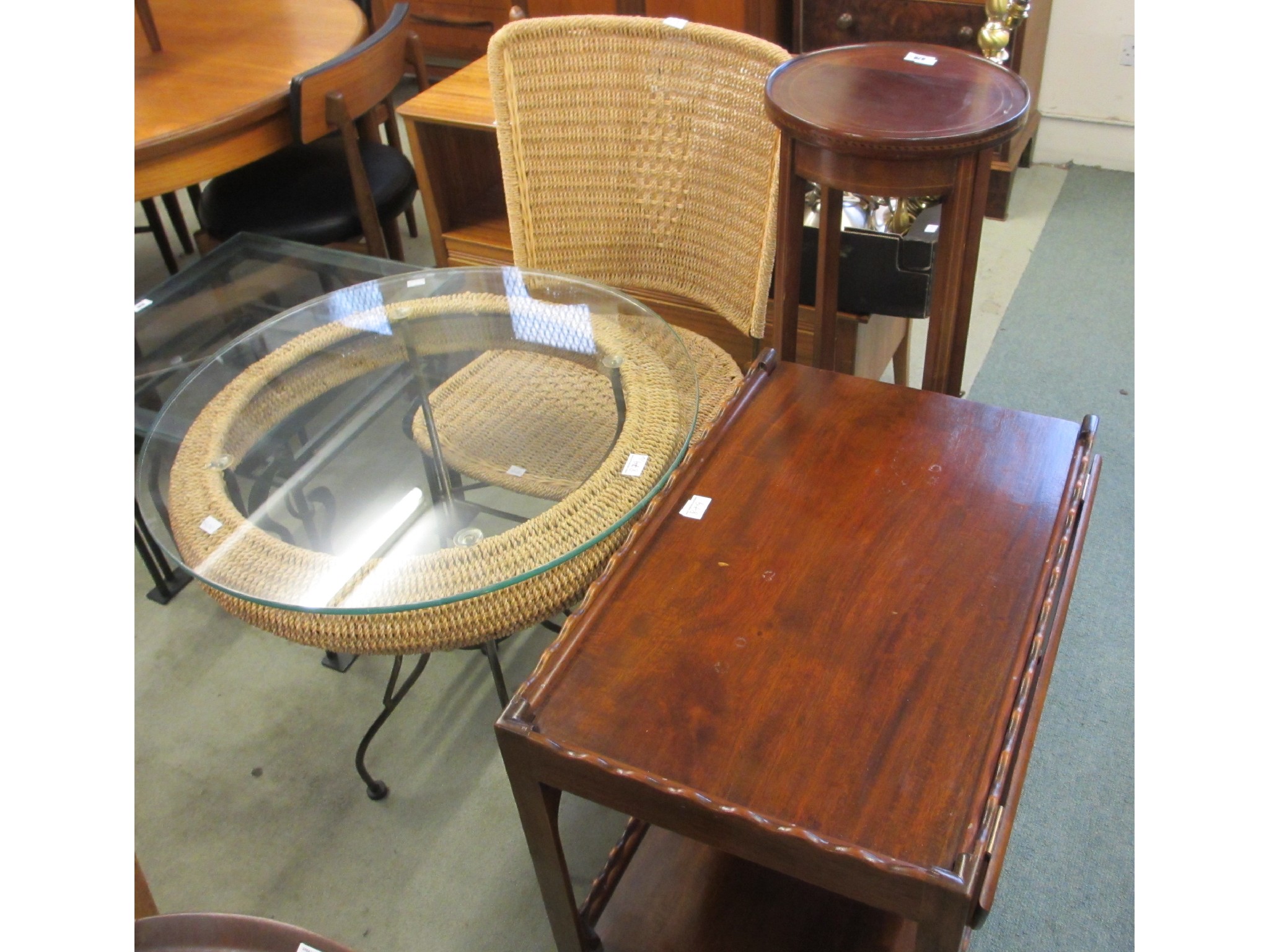 Appraisal: Wicker chair and table mahogany pedestal and tea trolley