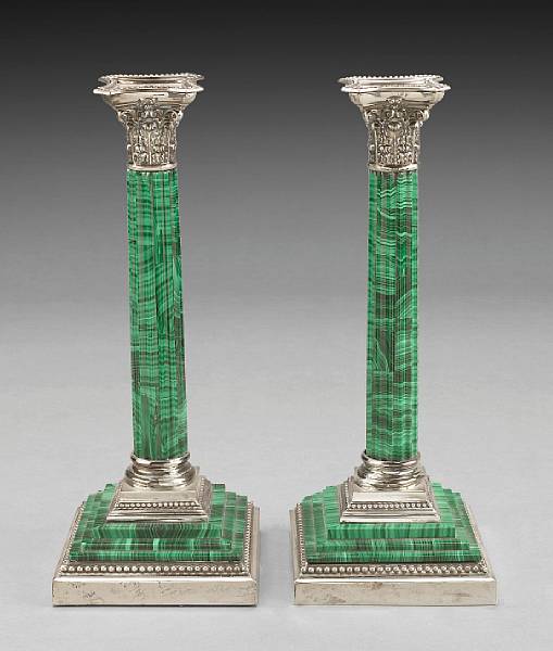 Appraisal: A pair of Elizabeth II silver and malachite Corinthian candlesticksGarrard